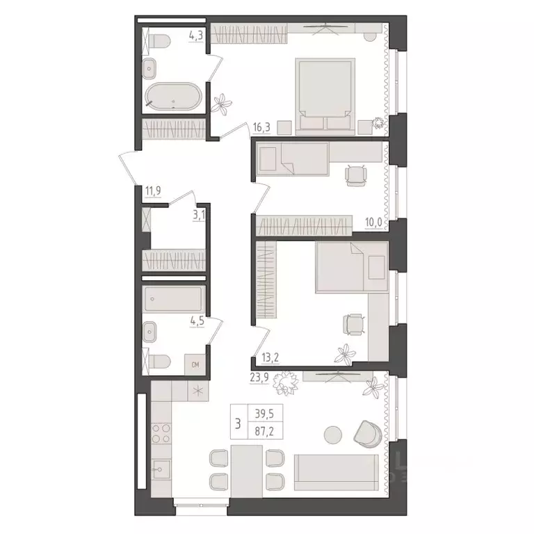 3-к кв. Башкортостан, Уфа 563-й кв-л,  (87.2 м) - Фото 1