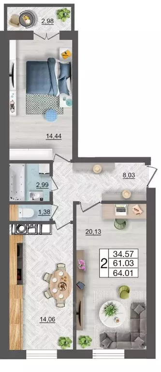2-к кв. Смоленская область, Смоленск Максимум жилой комплекс (64.01 м) - Фото 1