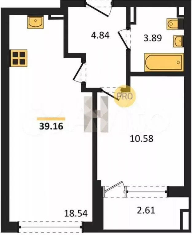 1-к. квартира, 39 м, 1/9 эт. - Фото 1