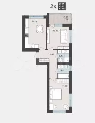 2-к. квартира, 64 м, 4/9 эт. - Фото 1