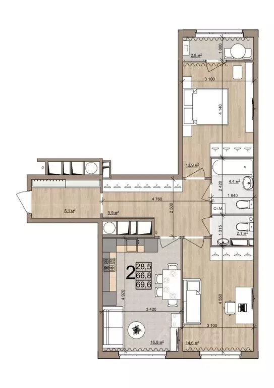 2-к кв. Рязанская область, Рязань Быстрецкая ул., 21к4 (69.6 м) - Фото 1