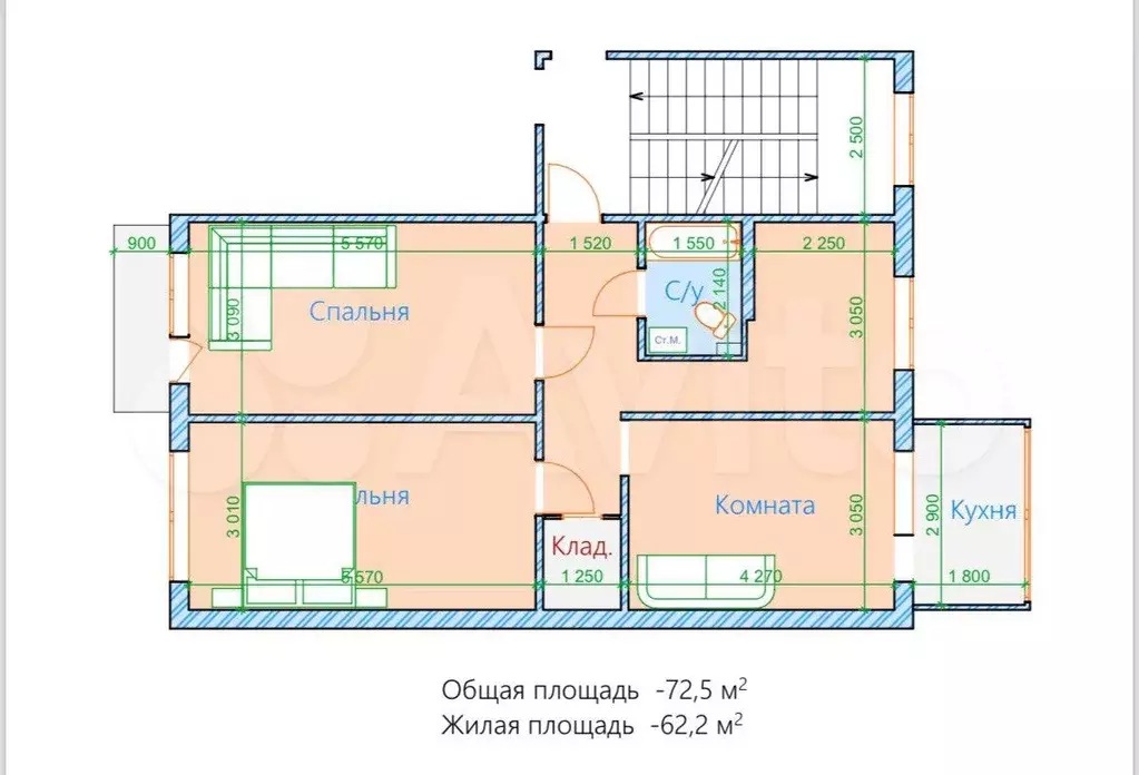 3-к. квартира, 73 м, 3/5 эт. - Фото 0