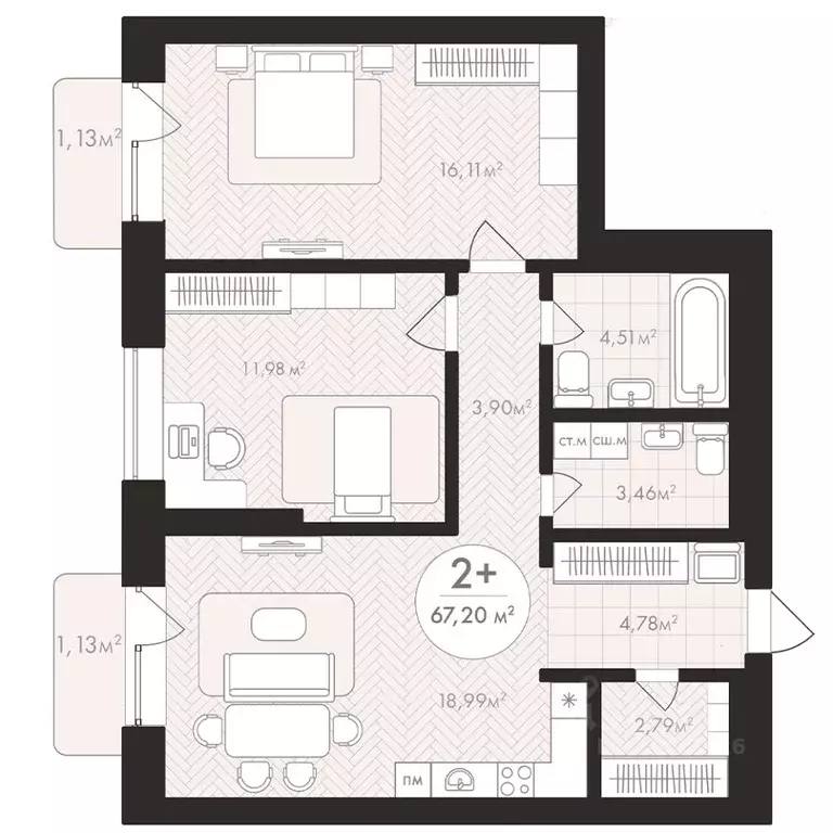 2-к кв. Башкортостан, Уфа Южный-2 мкр,  (67.2 м) - Фото 1