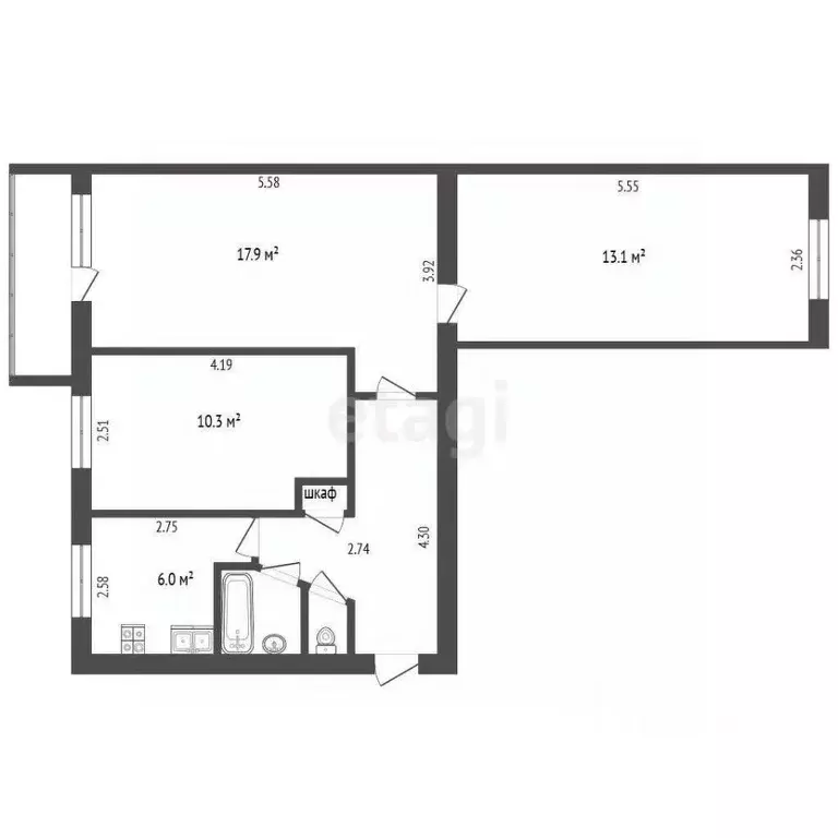 3-к кв. Калужская область, Калуга пос. Резвань, Школьная ул., 7 (58.2 ... - Фото 2