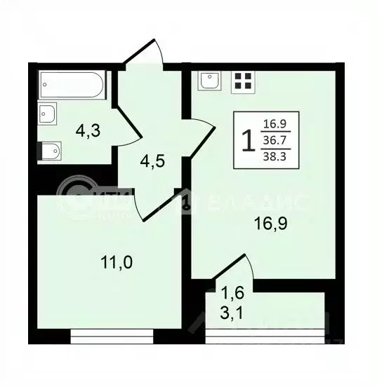 1-к кв. Воронежская область, Воронеж ул. Шишкова, 140Б/6 (38.3 м) - Фото 0