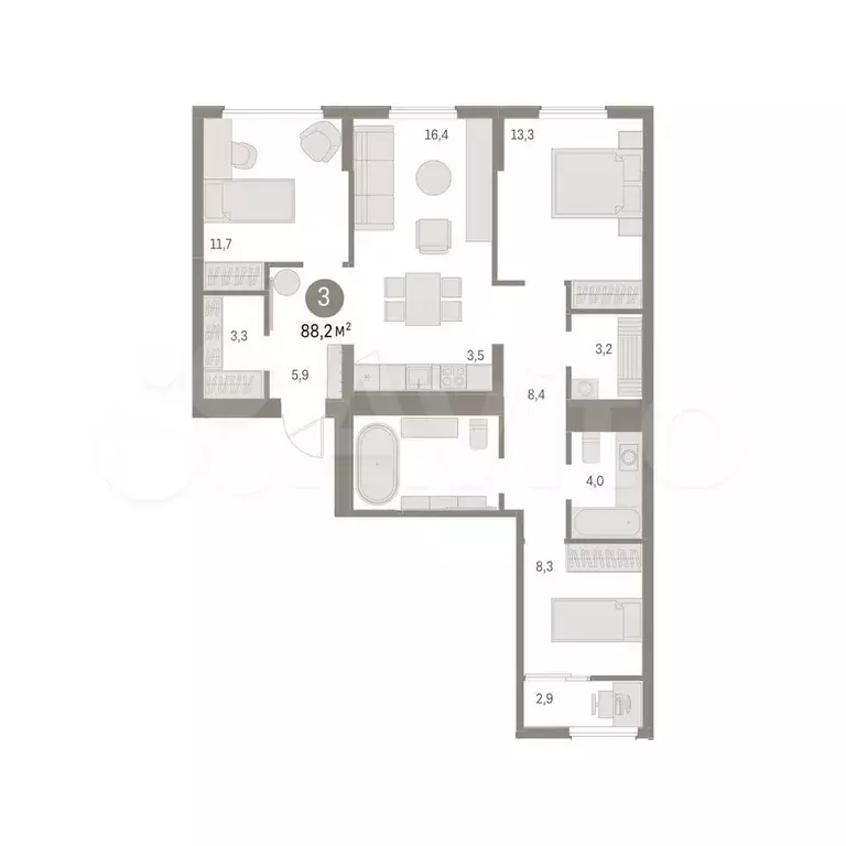 3-к. квартира, 87,4 м, 9/9 эт. - Фото 0