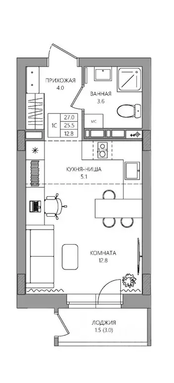 Студия Пермский край, Пермь Самолетная ул., 6 (27.0 м) - Фото 1