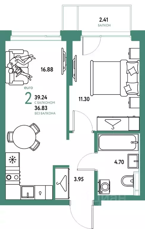 2-к кв. Свердловская область, Екатеринбург ул. Шефская, 28А (39.24 м) - Фото 1