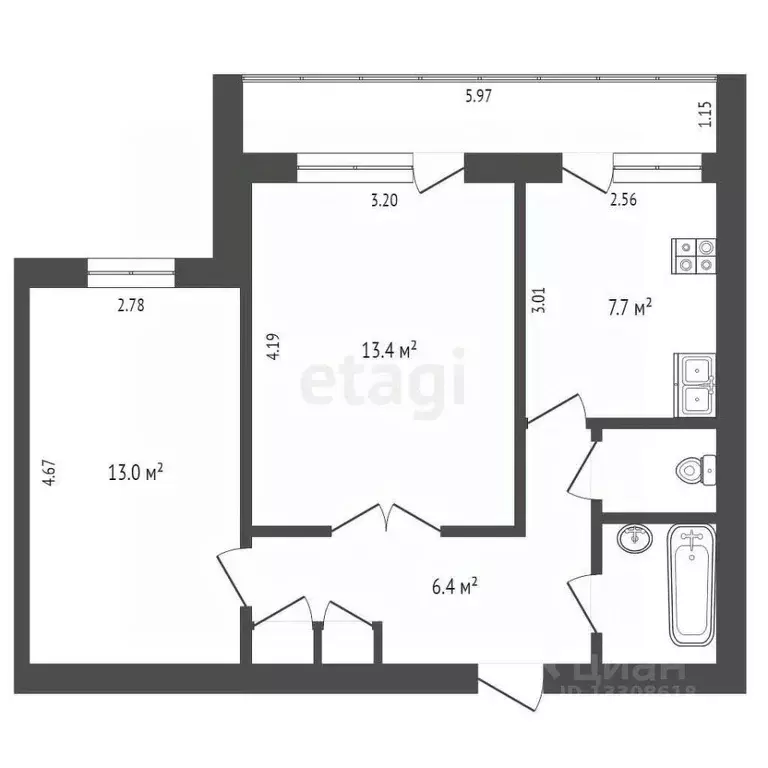 2-к кв. Омская область, Омск Харьковская ул., 11/2 (45.4 м) - Фото 1