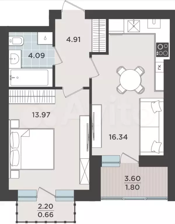 1-к. квартира, 41,8 м, 9/9 эт. - Фото 1