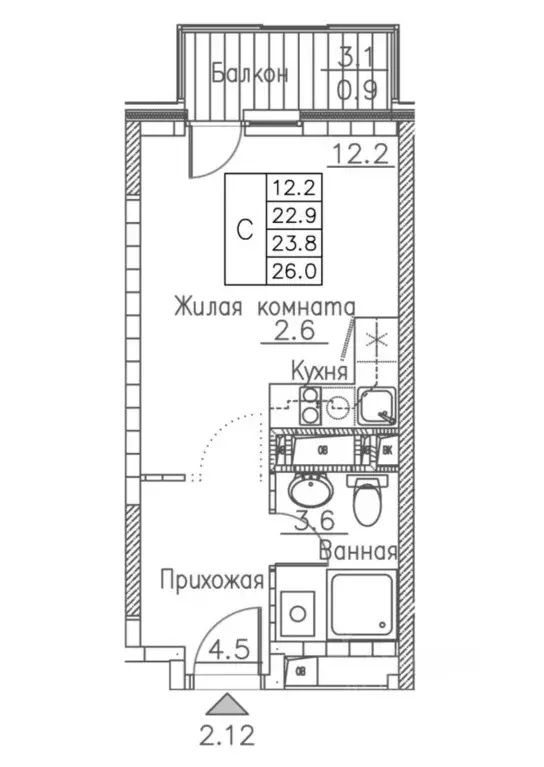 Студия Приморский край, Владивосток ул. Расула Гамзатова, 7к1 (26.0 м) - Фото 0