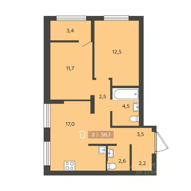 Квартира, 2 комнаты, 56.1 м - Фото 0