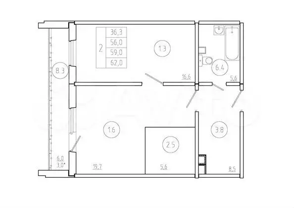 2-к. квартира, 59 м, 1/17 эт. - Фото 1