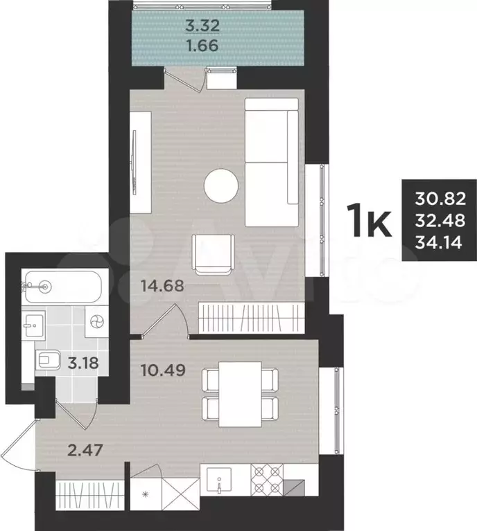 1-к. квартира, 34,1 м, 6/9 эт. - Фото 0