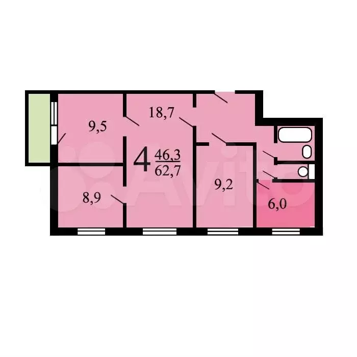 4-к. квартира, 62,7 м, 7/9 эт. - Фото 0