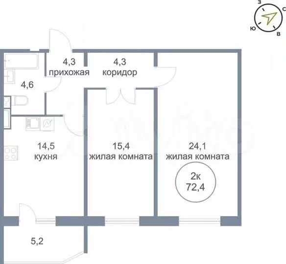 2-к. квартира, 72,4 м, 5/21 эт. - Фото 0