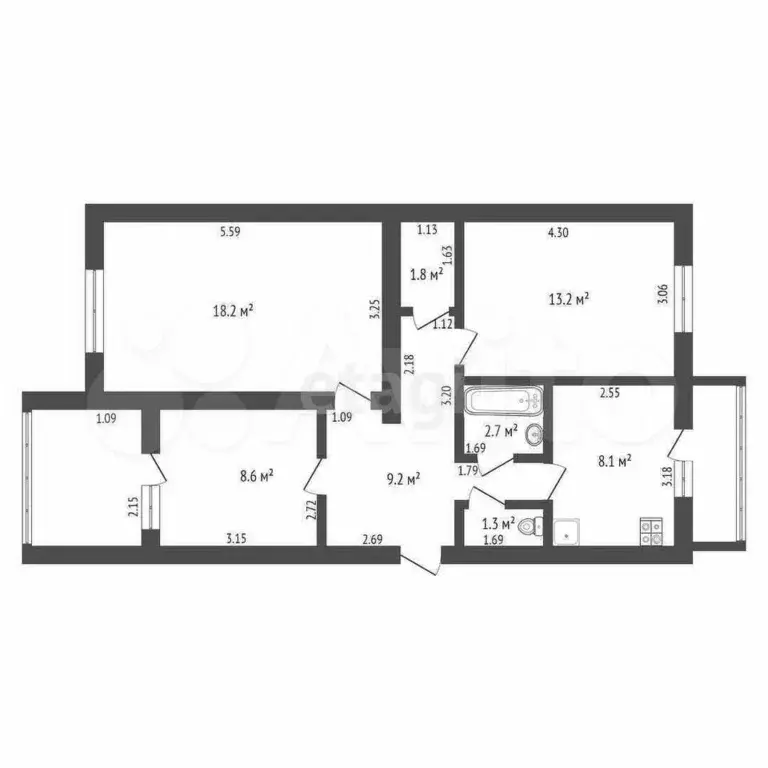 3-к. квартира, 63,1 м, 5/5 эт. - Фото 0