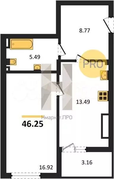 1-к. квартира, 46,3 м, 4/10 эт. - Фото 0