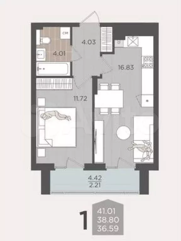 1-к. квартира, 38,5 м, 4/9 эт. - Фото 1