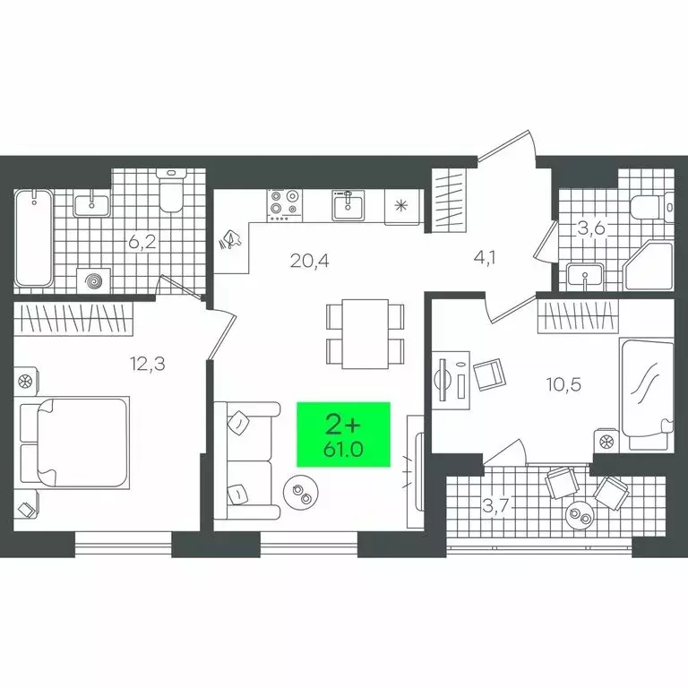 2-комнатная квартира: Тюмень, улица Василия Малкова, 3 (61.08 м) - Фото 1