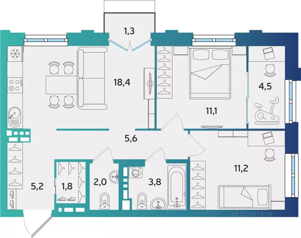 2-к кв. Татарстан, Альметьевск ул. Защитников Отечества, А4-1 (63.99 ... - Фото 1