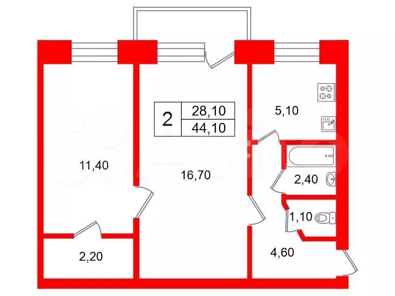 2-к. квартира, 44,1 м, 4/5 эт. - Фото 0
