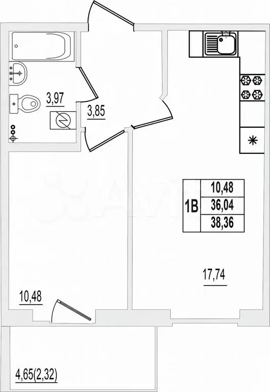 1-к. квартира, 38,4 м, 1/9 эт. - Фото 0