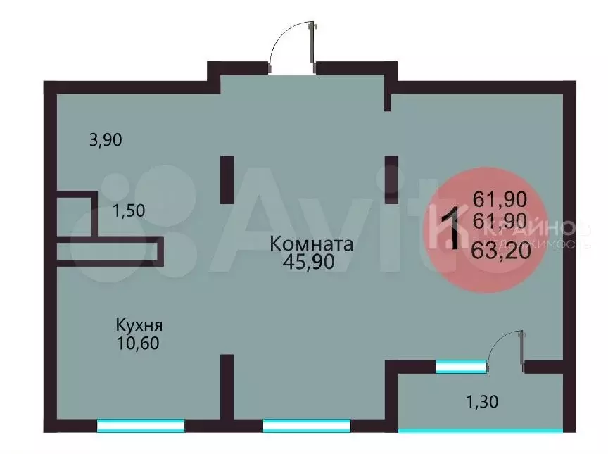 Своб. планировка, 63,2 м, 21/21 эт. - Фото 1