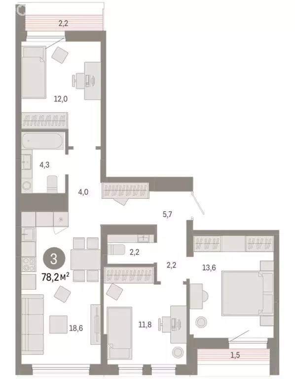 3-комнатная квартира: Тюмень, улица Республики, 205к1 (78.15 м) - Фото 2