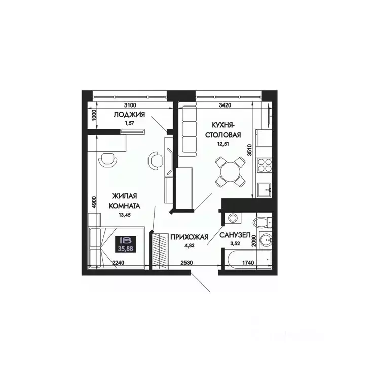 1-к кв. Адыгея, Тахтамукайский район, Яблоновский пгт  (35.88 м) - Фото 1