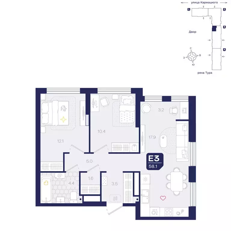 3-комнатная квартира: Тюмень, улица Евгения Войнова, 3 (58.1 м) - Фото 0