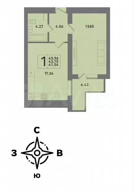 1-к. квартира, 46м, 3/10эт. - Фото 1