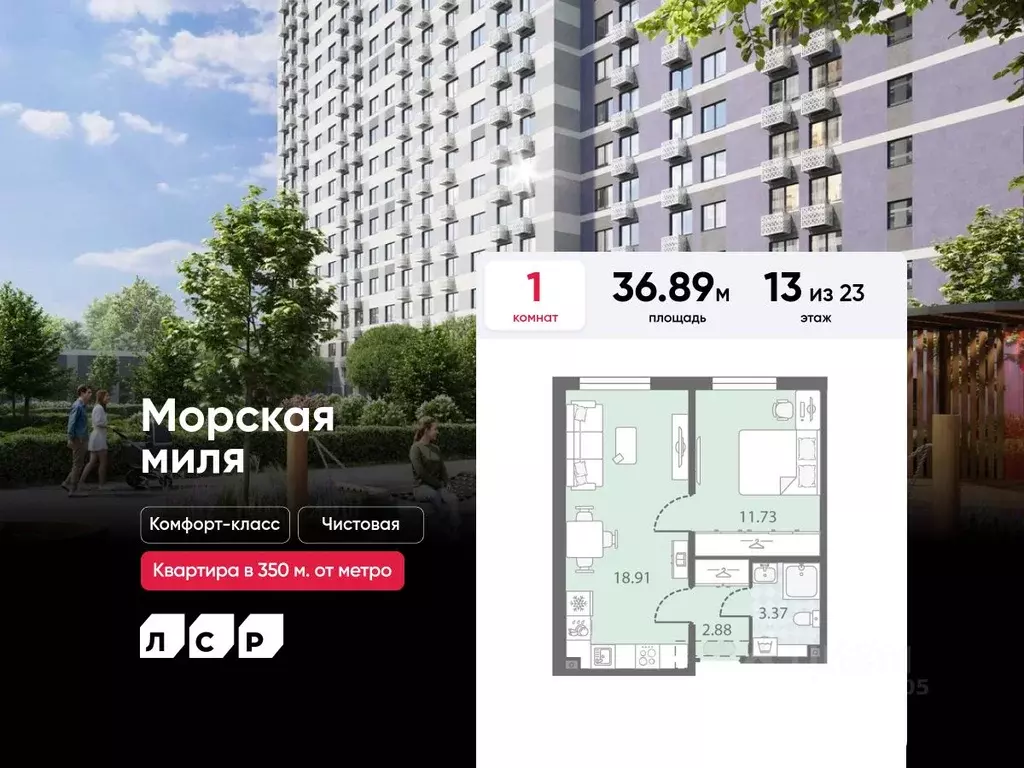 1-к кв. Санкт-Петербург Морская миля жилой комплекс (36.89 м) - Фото 0