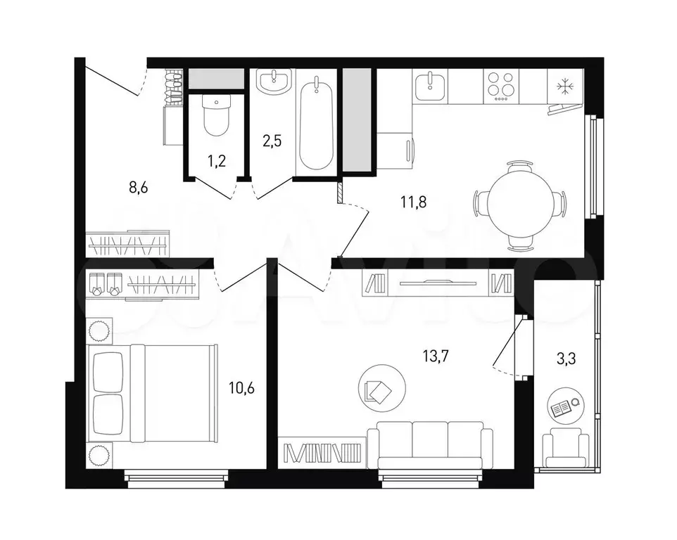 2-к. квартира, 50м, 7/21эт. - Фото 1