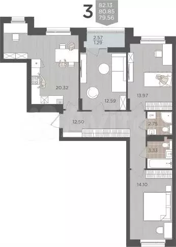 3-к. квартира, 80,9 м, 9/9 эт. - Фото 1