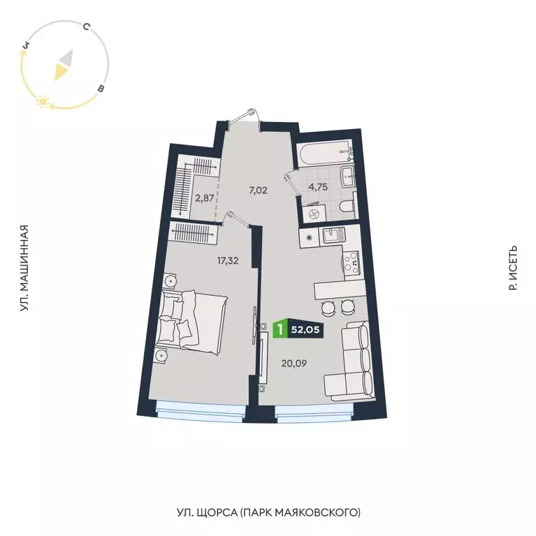 1-комнатная квартира: Екатеринбург, Машинная улица, 1В/4 (52.05 м) - Фото 1