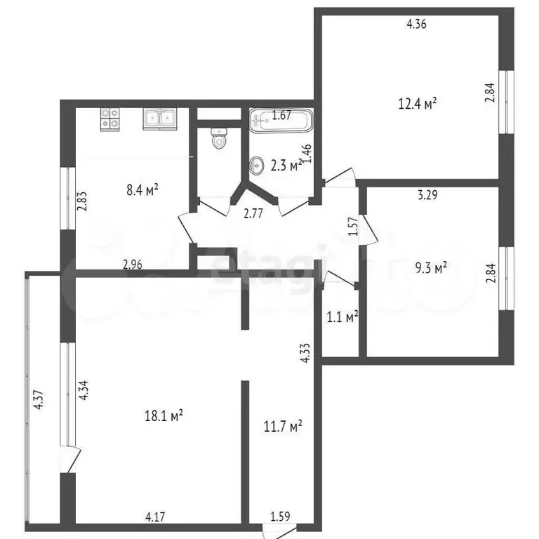 3-к. квартира, 64,2 м, 4/5 эт. - Фото 1