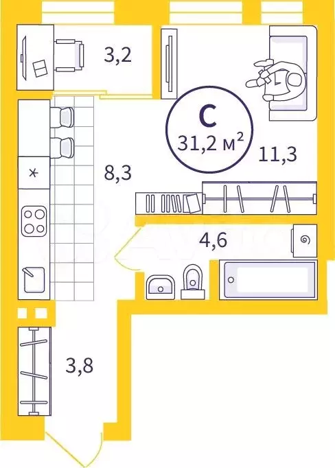 Квартира-студия, 29,6 м, 8/32 эт. - Фото 0