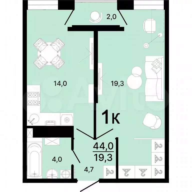 1-к. квартира, 44 м, 6/8 эт. - Фото 1