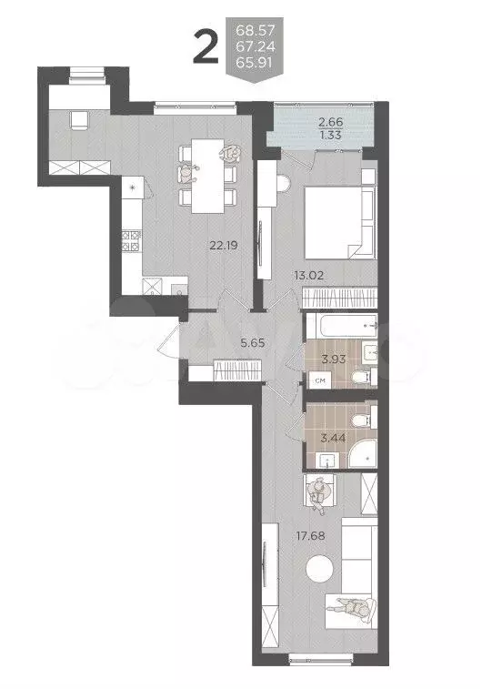 2-к. квартира, 68,6 м, 5/9 эт. - Фото 1