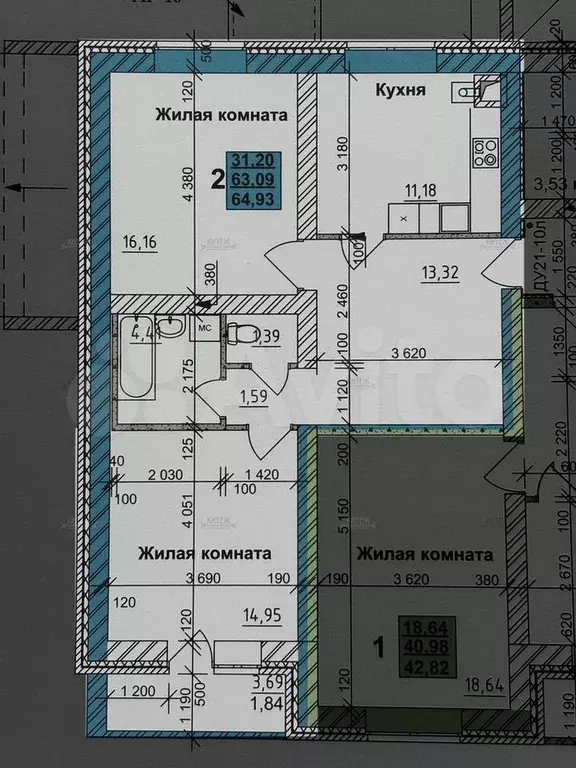 2-к. квартира, 64,9 м, 2/5 эт. - Фото 0