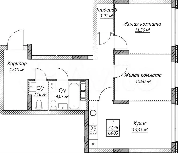 2-к. квартира, 64 м, 12/14 эт. - Фото 0