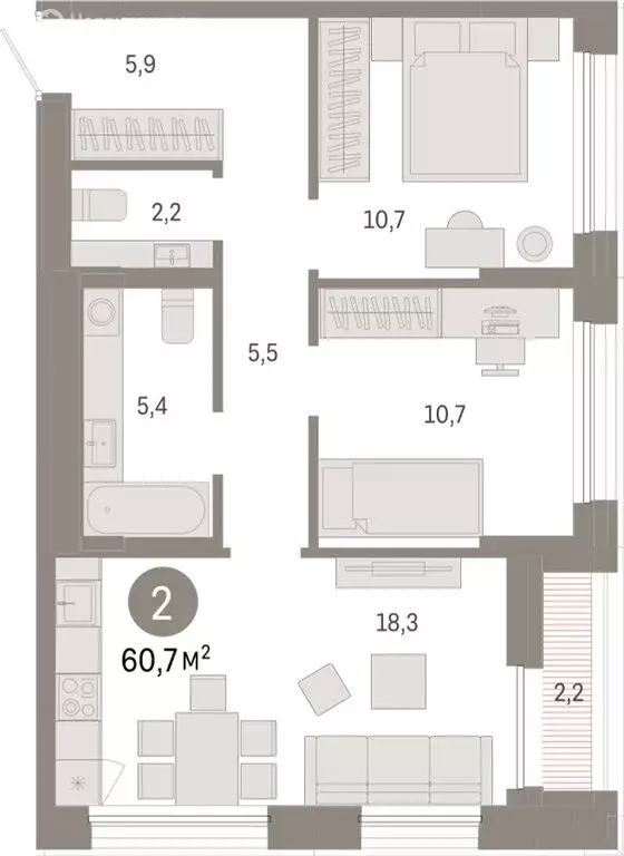 2-комнатная квартира: Тюмень, жилой комплекс Республики 205 (60.69 м) - Фото 0