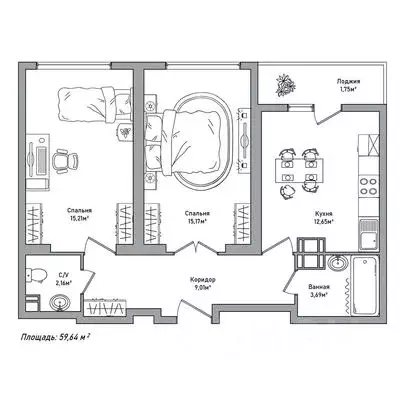2-к кв. Ярославская область, Ярославль 2-й мкр,  (59.64 м) - Фото 1