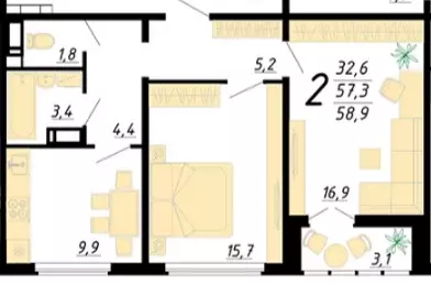 Продаётся 2-к квартира, 58.9 м - Фото 1