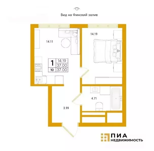 1-комнатная квартира: Санкт-Петербург, проспект Крузенштерна, 13 (37.2 ... - Фото 1