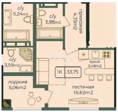 1-к кв. Дагестан, Каспийск просп. Акулиничева (33.75 м) - Фото 0