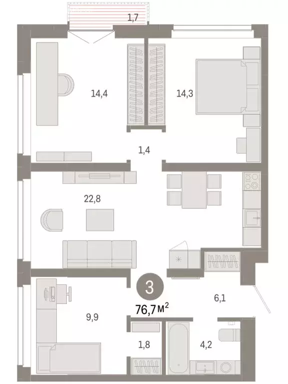 3-комнатная квартира: Тюмень, жилой комплекс Республики 205 (76.66 м) - Фото 2