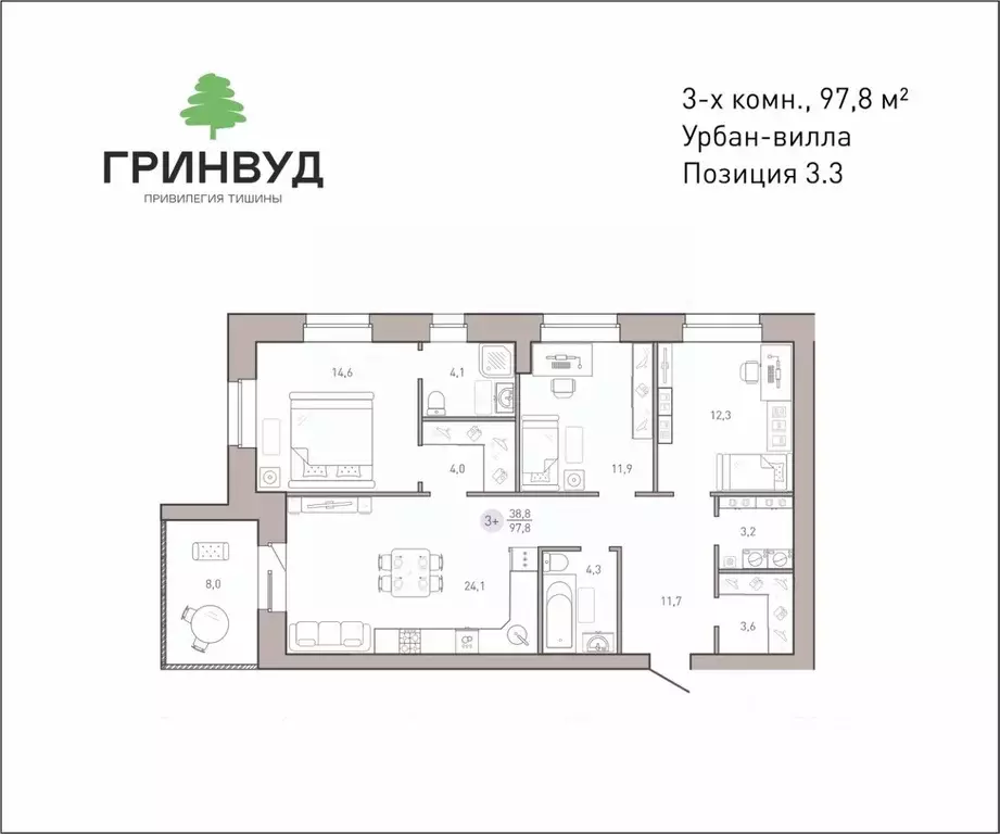 3-к кв. Брянская область, Брянск Клубный Гринвуд кв-л,  (97.8 м) - Фото 0