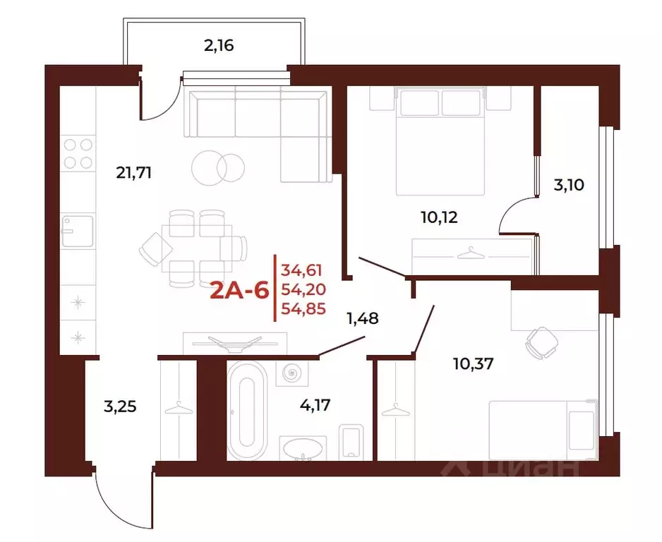 2-к кв. Пензенская область, Пенза Арбери жилой комплекс (54.85 м) - Фото 1